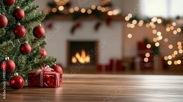 Fototapeta Christmas Tree Ornament and Gift Box on Wooden Table with Fireplace in Background