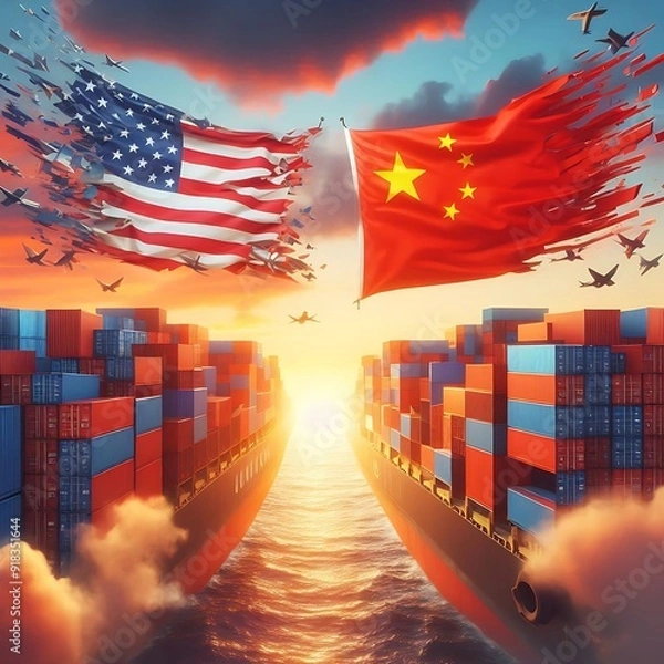 Fototapeta USA and China trade war. US of America and chinese flags crashed containers on sky at sunset background. 3d illustration
