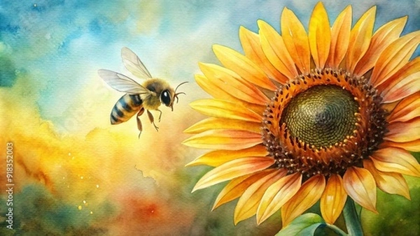 Fototapeta A Splash of Color: Watercolor Bee and Sunflower  AI generated