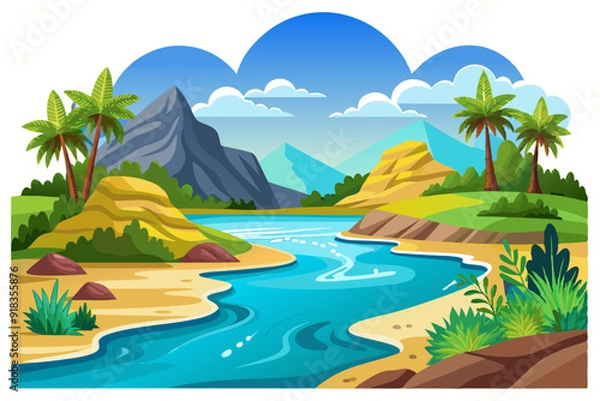 Fototapeta Serene River Winding Through a Tropical Landscape with Palm Trees
