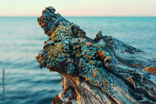 Fototapeta Macro coastal flora.Coastal environment.Underwater world.Marine life.A close-up of a piece of driftwood covered in small, colorful algae, with the ocean in the background blurred