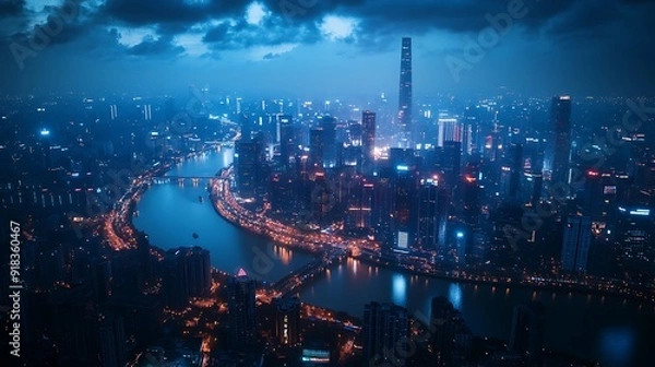 Fototapeta Aerial Shot of Sprawling Urban Landscape at Night with Illuminated Skyscrapers