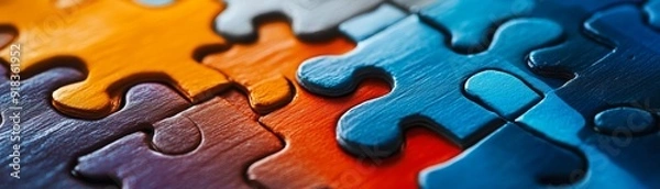 Fototapeta Colorful jigsaw puzzle pieces interlock, symbolizing unity and teamwork.