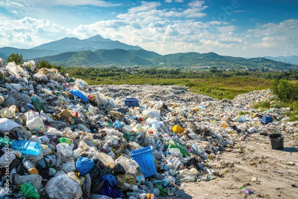 Fototapeta A sprawling landfill overflowing with garbage, showcasing the devastating impact of human waste amidst a beautiful mountainous backdrop.