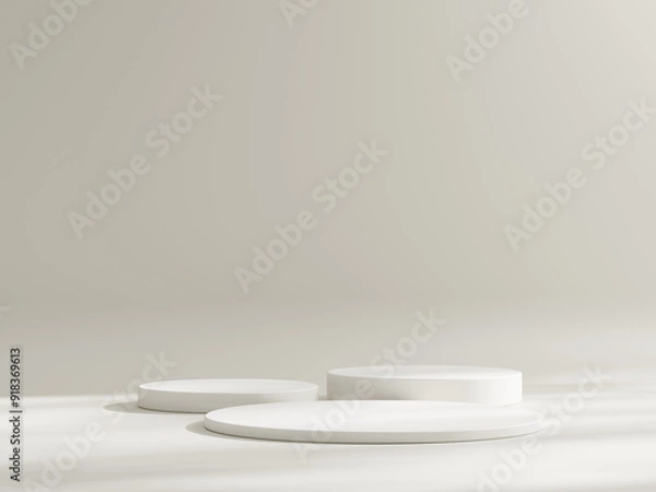 Fototapeta Set of white cylinder pedestal podium display, Empty room background. Abstract modern rendering 3d shape for products display presentation. Pastel minimal wall scene, Studio room.