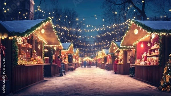 Obraz A bustling Christmas market at night, illuminated by festive lights, with decorated stalls and people enjoying the holiday atmosphere...Keywords: