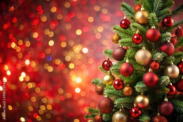 Fototapeta Christmas baubles hanging in a spiffy way on lush green branches of a fresh fir tree, with gold bokeh lights in the background
