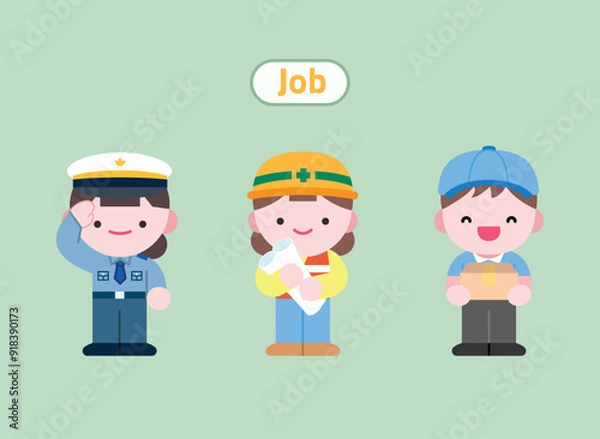 Obraz 귀여운 직업 윤곽선 일러스트 세트: 경찰관, 엔지니어, 택배원