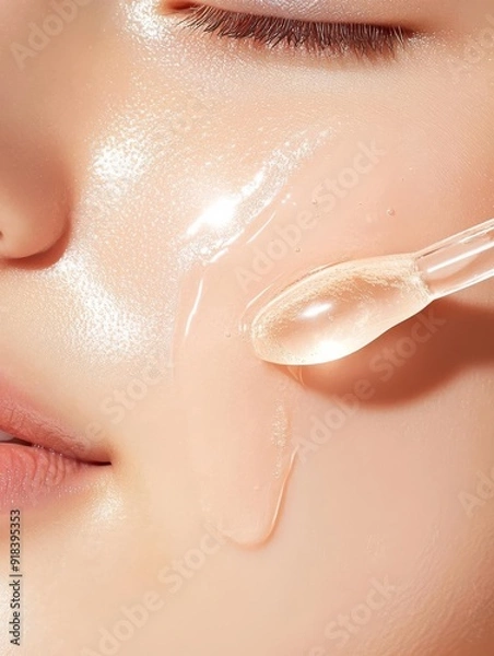 Fototapeta Close-up of a person applying facial serum with a dropper on smooth, glowing skin for skincare routine and beauty treatment.