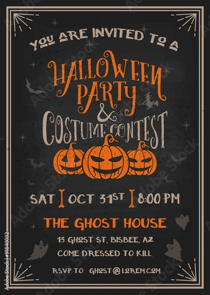 Fototapeta Typografia Halloween Party i konkurs kostiumów Karta z zaproszeniem ze strasznym wzorem dyni. Grunge tekstury łatwe do usunięcia. Ilustracji wektorowych