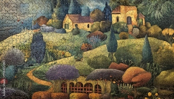 Obraz A colorful landscape puzzle depicting a serene countryside with a quaint house and rolling hills under a twilight sky