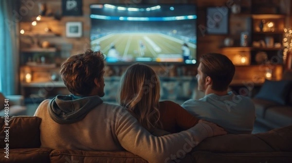 Fototapeta Friends chilling on the couch, watching a sports game on TV in a cozy living room setup, enjoying their evening.