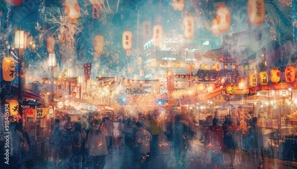Obraz A vibrant night market filled with colorful lanterns and crowds celebrating during a summer festival