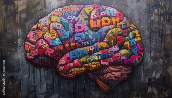 Obraz Colorful graffiti mural of a brain on an urban wall in a city, showcasing various vibrant words and messages during daylight