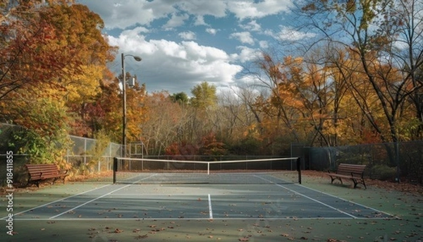 Obraz Abandoned tennis court surrounded by autumn foliage on a cloudy day
