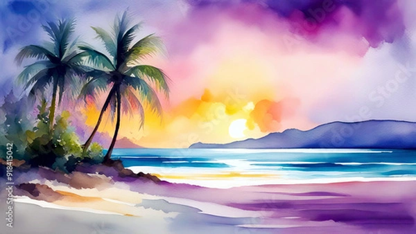 Fototapeta Tropical beach at sunset with palm trees, vibrant skies, and serene ocean views. Watercolor painting.