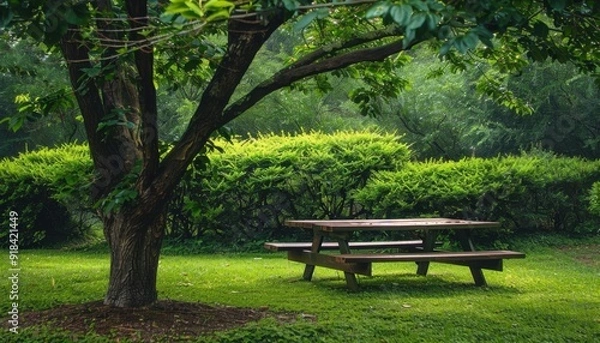 Obraz A tranquil picnic table under a large tree in a lush green park during a foggy morning