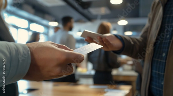 Fototapeta Business professionals exchanging business cards at networking event, close-up