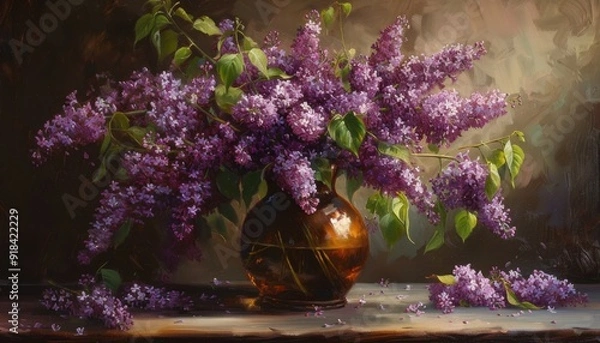 Fototapeta Vibrant lilac bouquet displayed in a brown vase against a softly lit background