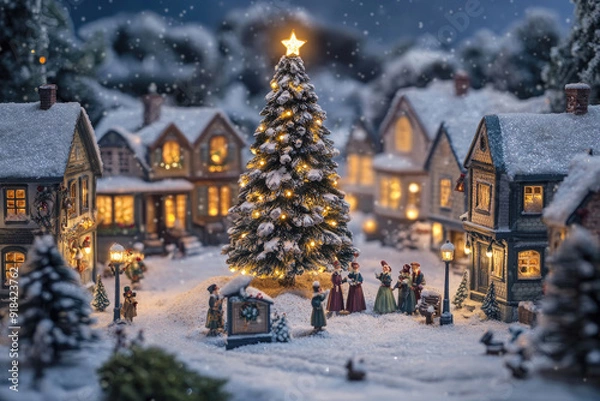 Obraz A snowy village with Christmas lights and carolers singing joyfully.