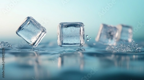 Fototapeta Frozen ice cubes bobbing on the surface of calm water.