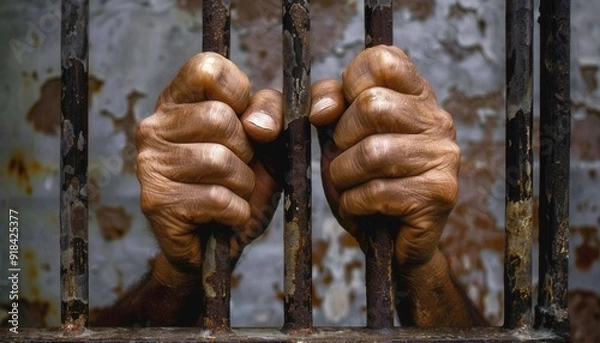 Obraz Hands gripping prison bars in an old, dimly lit cell