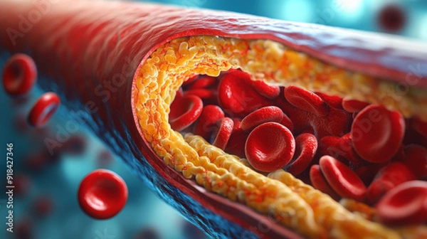 Fototapeta Detailed 3D illustration showing cholesterol plaque buildup inside an artery with red blood cells, highlighting cardiovascular health issues