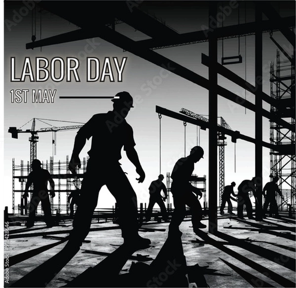 Obraz A poster for the day of labor day with a man walking in front of them. Labor Day 3D Effect Typography