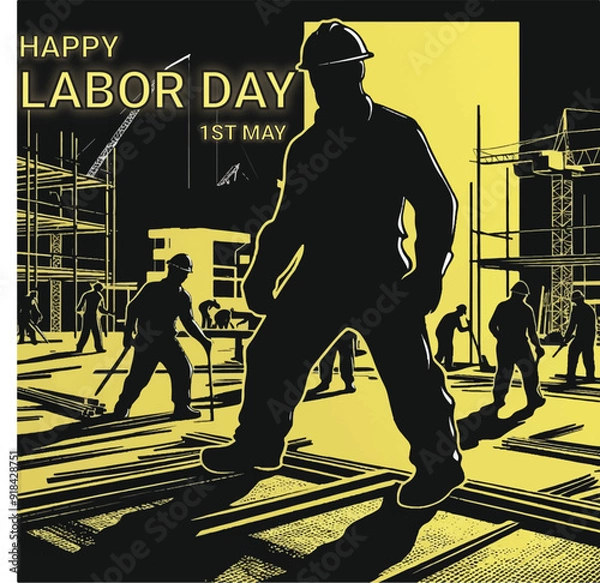 Obraz A poster for the day of labor day with a man walking in front of them. Labor Day 3D Effect Typography