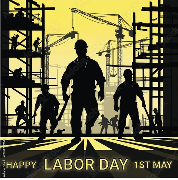 Obraz A poster for the day of labor day with a man walking in front of them. Labor Day 3D Effect Typography