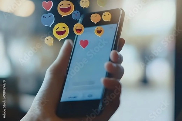 Fototapeta Person holding a smartphone with various icons on the screen