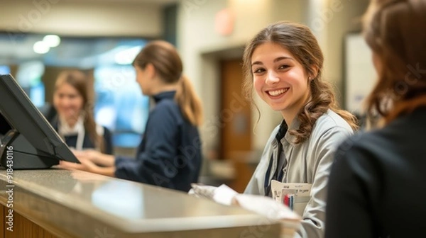 Obraz Bank staff are greeting customers with smiles at the service counter in the bank
