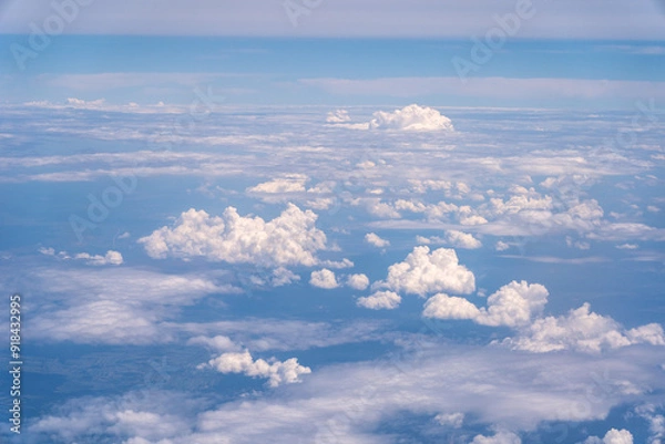 Fototapeta Blue Sky with White Clouds, Flying above Sunny Cloudy Sky Texture Pattern, Fluffy Clouds Plane View