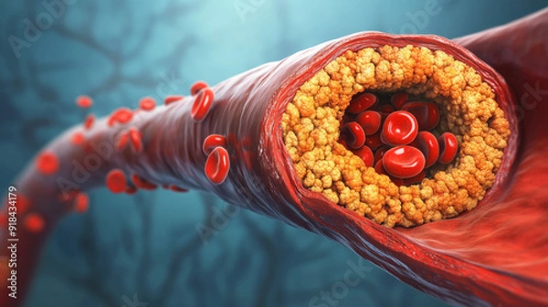 Fototapeta 3D medical illustration showing an artery with severe cholesterol plaque buildup, surrounded by red blood cells, highlighting the dangers of cardiovascular disease