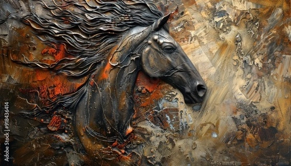 Obraz Black horse sculpture with flowing mane against a textured background