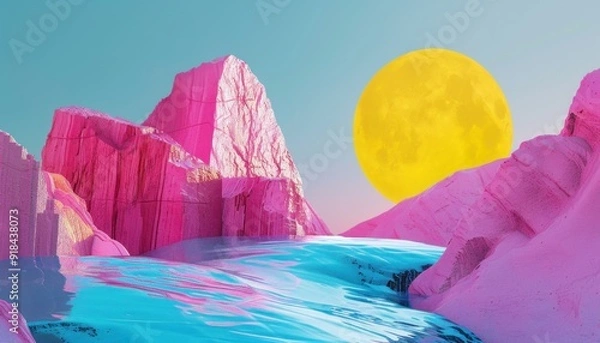 Obraz Vibrant landscapes with pink mountains, a blue river, and a large yellow sun during a bright day