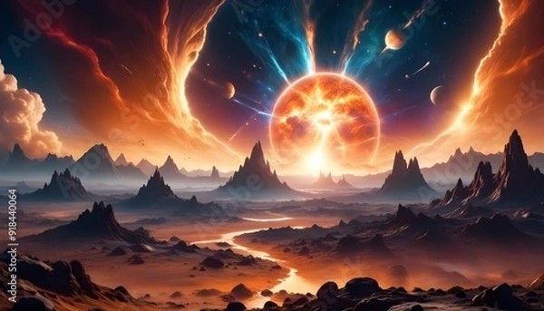 Obraz Outer space with alien planets and explosion