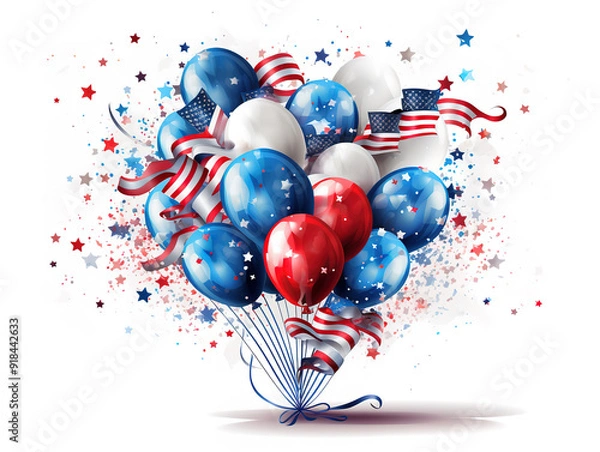 Fototapeta Wonderful Fourth of july independence day usa with balloon firework confetti ribbon