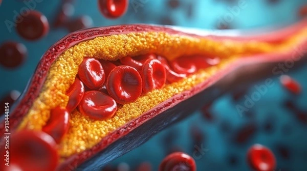 Fototapeta Detailed close-up of cholesterol plaque buildup in an artery, illustrating blood flow obstruction with red blood cells and lipid deposits