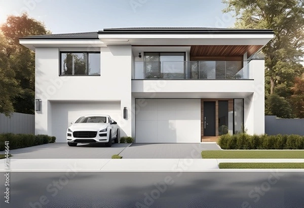 Fototapeta Front view of a modern white family house with an attached garage, isolated on a white background, ideal for real estate