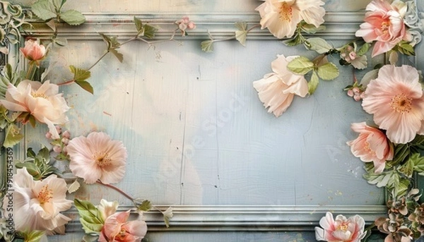 Obraz Floral decoration with soft pink flowers and green leaves on a light blue textured background in a vintage style
