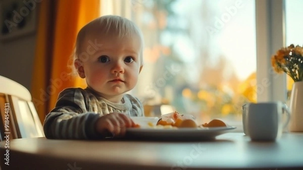 Obraz a 1 year old child sits at the table, having lunch