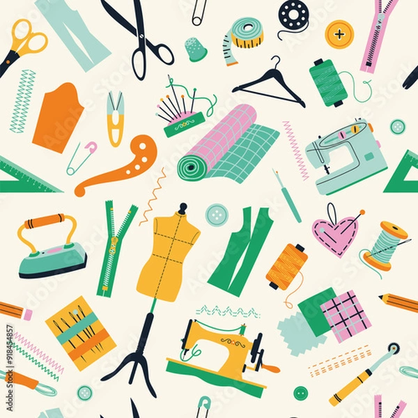 Fototapeta Seamless pattern of sewing tools icons tailor hand made workshop