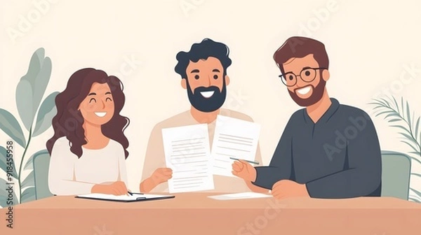 Fototapeta Two men and one woman sitting at a table in a vector illustration of an employee being interviewed for a job with papers in their hands