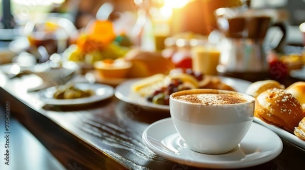 Fototapeta Close up of cup of coffee and buffet breakfast in hotel restaurant. --ar 16:9 --v 6 Job ID: af2e01e1-1247-478a-bb33-66c59798eca1