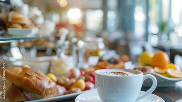 Fototapeta Close up of cup of coffee and buffet breakfast in hotel restaurant. --ar 16:9 --v 6 Job ID: af2e01e1-1247-478a-bb33-66c59798eca1