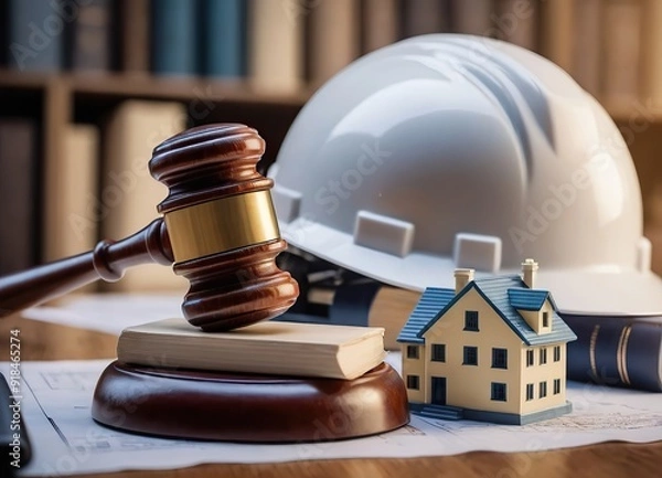 Fototapeta Labor and Construction law concept. judge gavel on building blueprint plans with a safety helmet and building model. Paper sheet with pen on wooden table. Agreement on construction law. home insurance