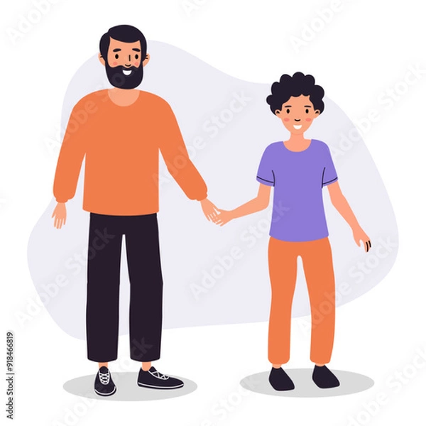 Fototapeta A father and son joyfully holding hands while enjoying a casual day together at home