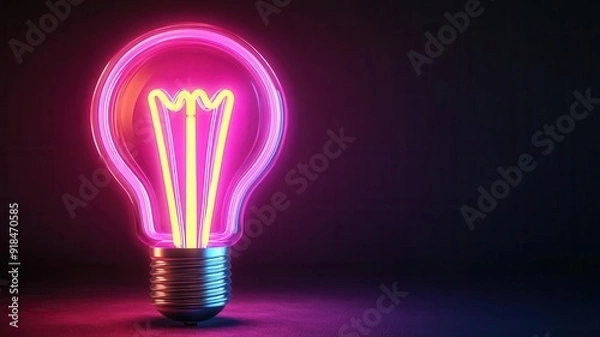 Fototapeta A light bulb made of neon tubes, glowing brightly against a dark background, symbolizing the vibrant energy of a new and innovative idea