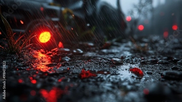 Fototapeta  A red light glows intimately on a slick road, reflecting in puddles Car and rain-soaked background, raindrops cascade down
